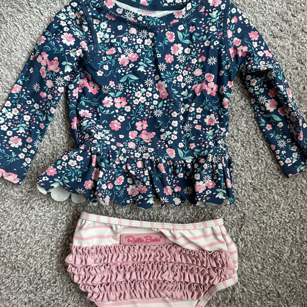 Ruffle Butts Navy Floral Top and Pink Striped Diaper Cover